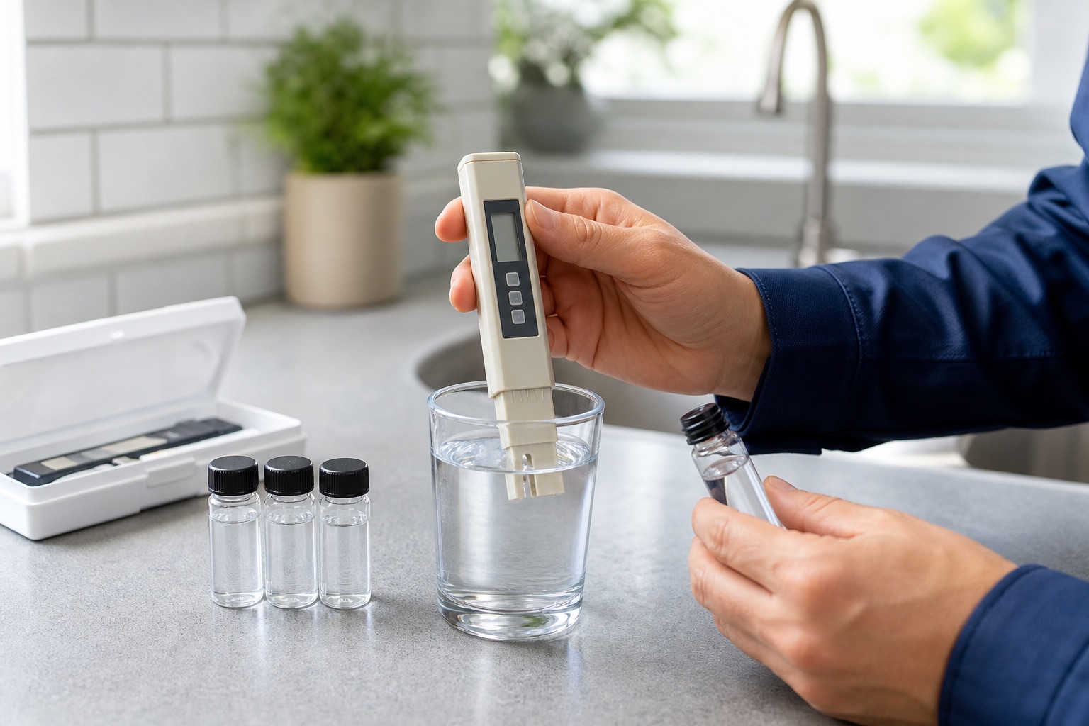 Home water testing with sample vials and a handheld meter on a kitchen counter