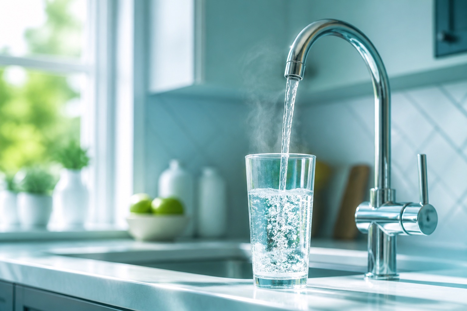 Fresh glass of clear water filled from a kitchen faucet