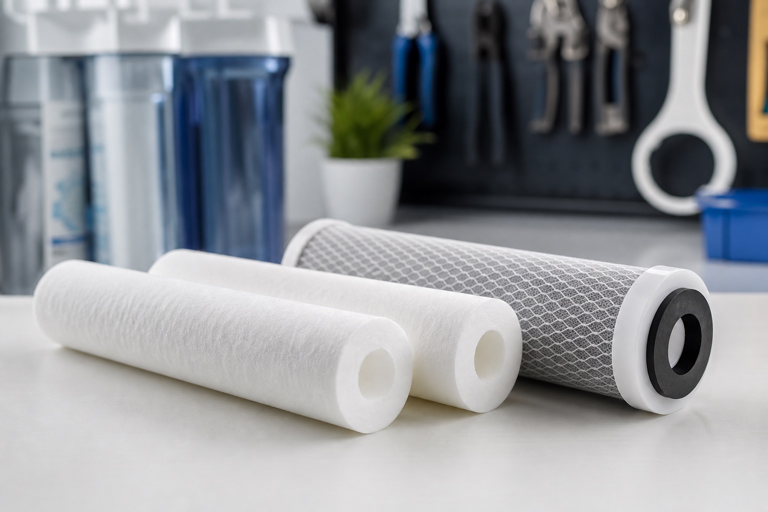 Replacement water filter cartridges on a workbench