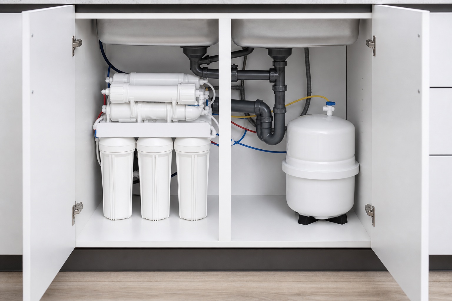 Whole-house water filtration system mounted on a utility wall