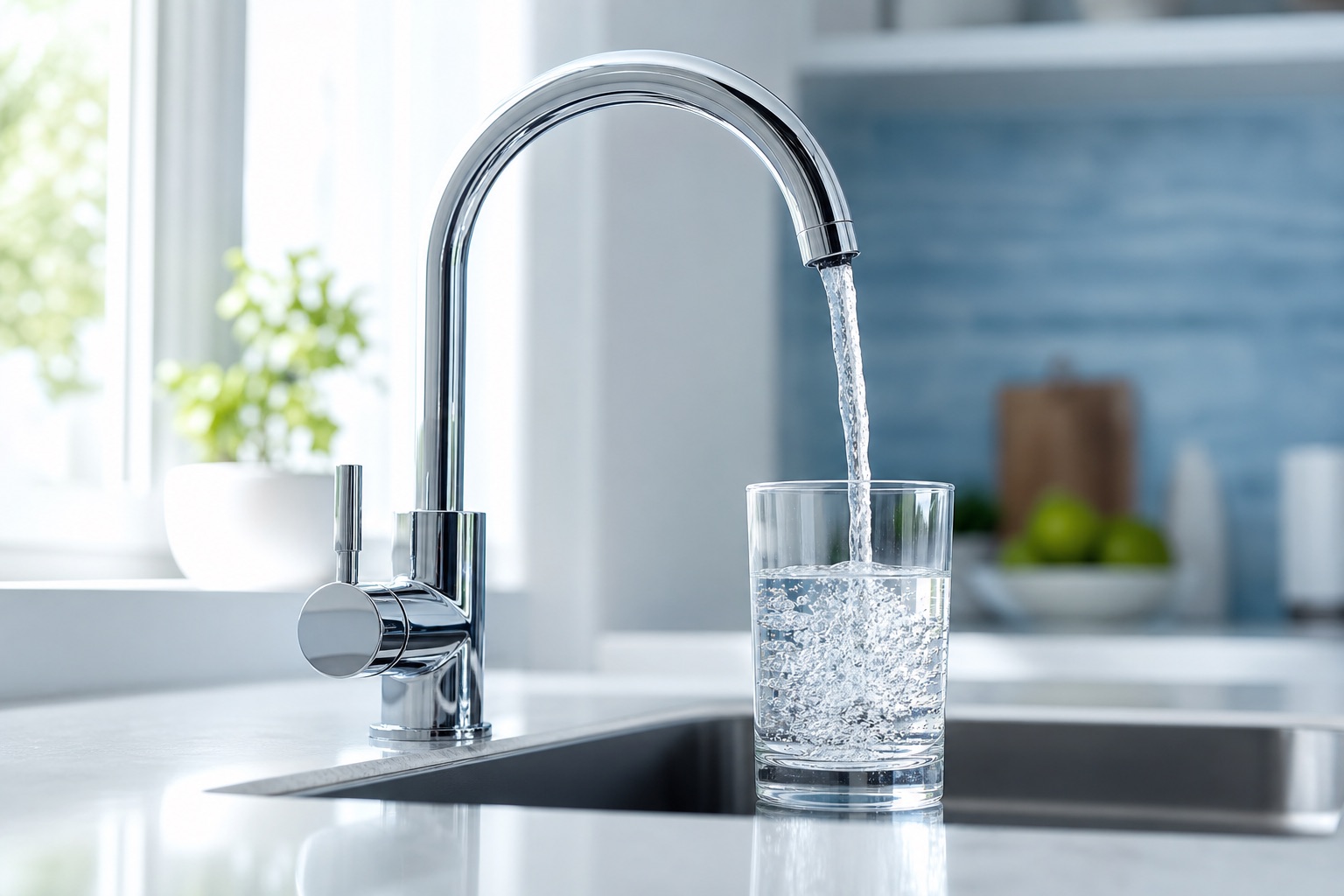 Clear water pouring from a kitchen faucet into a drinking glass