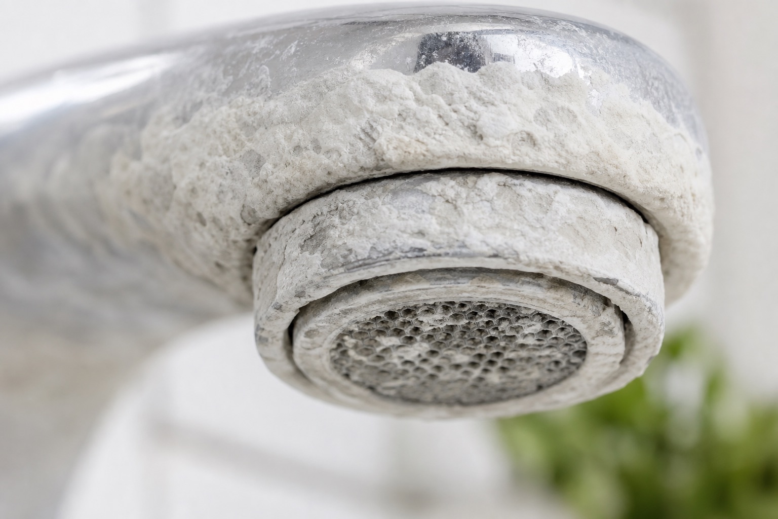 Close-up of limescale crust on a chrome faucet aerator