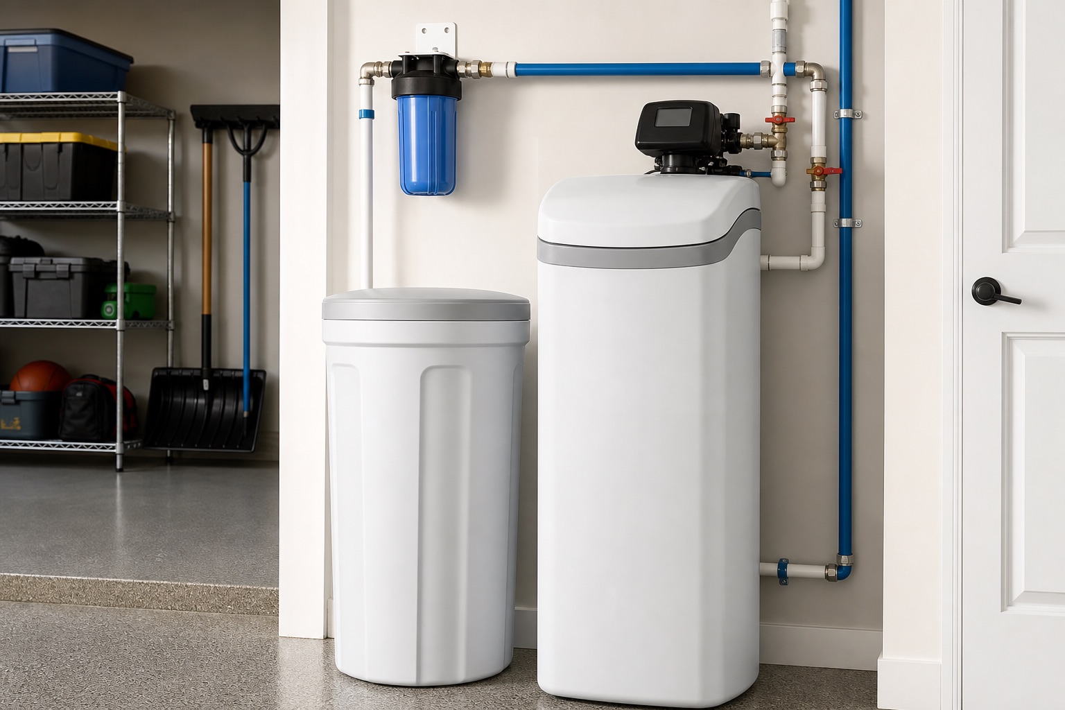 Residential water softener system installed in a clean utility space